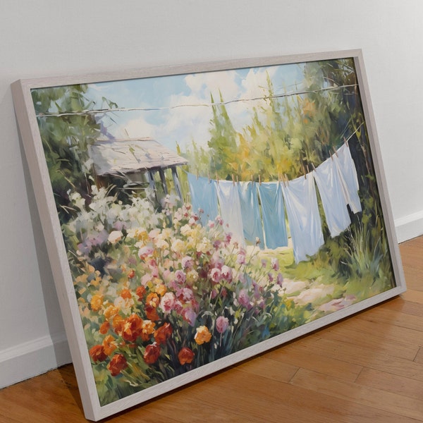 Laundry on a line Matte Horizontal Posters Laundry Room Art Vintage Cottagecore Garden Painting Print farmhouse wall decor country art print