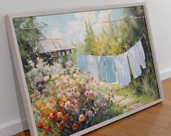 Laundry on a line Matte Horizontal Posters Laundry Room Art Vintage Cottagecore Garden Painting Print farmhouse wall decor country art print