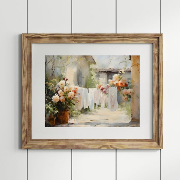 Laundry on a line Matte Horizontal Posters Laundry Room Art Vintage Cottagecore Garden Painting Print farmhouse wall decor country art print