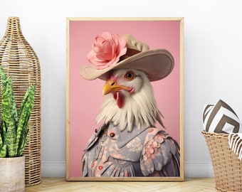 Cowgirl Chicken Vertical Print Howdy Poster Print, Cottagecore Home Decor Coastal Cowgirl Wall art Pink Chicken Western Farmhouse Preppy art