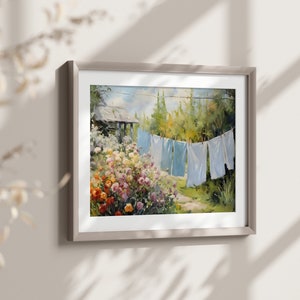 Laundry on a line Matte Horizontal Posters Laundry Room Art Vintage Cottagecore Garden Painting Print farmhouse wall decor country art print image 2