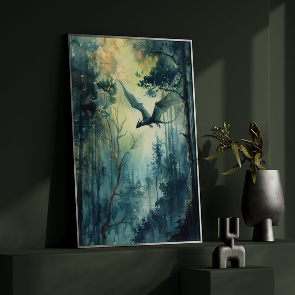 Aquarelle, affiche verticale de dragon forestier, impression d'art fantastique, forêt et dragon, peinture fantastique et illustration aquarelle Dark Academia