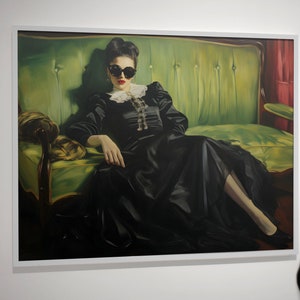 Decadent Young Woman sitting on a green couch Horizontal art Print, Dark Academia, Victorian Home Decor Dark Art Sleeping Girl Sunglasses