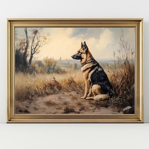 German Shepherd Dog Wall Art Print – Pastoral Landscape Painting, Rustic Canine Decor for Dog Lovers, Farmhouse Pet Illustration