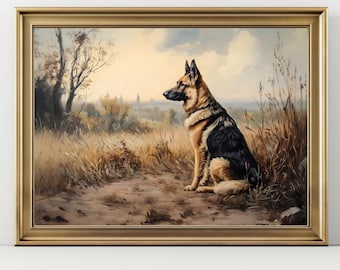 May include: A framed painting of a German Shepherd dog sitting in a field. The dog has black and tan fur and is looking to the left. The background features a landscape with trees, grass, and a cloudy sky. The frame is gold.