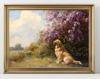 Golden Retriever Art Print – Floral Dog Wall Art, Spring Landscape Painting, Golden Retriever Lovers Gift, Pastel Meadow Dog Decor