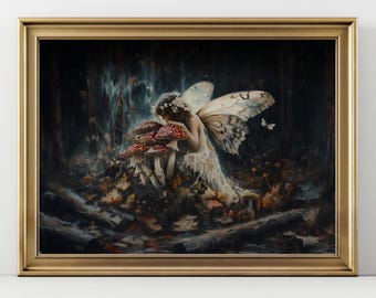 Fairy with Mushrooms Art Print Enchanted Forest Painting Fantasy Woodland Wall Decor Mystical Faerie Artwork