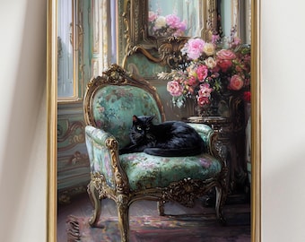 Black Cat Wall Art, Victorian Decor Dark Academia Decor Print Victorian Decor  Eclectic Home Baroque Decor Cat Lover Black Cat Owner Gift