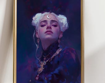 May include: A framed portrait of a woman with white hair styled in buns, adorned with a crescent moon headpiece. She wears a dark, ornate dress with gold jewelry. The artwork features a dark, moody color palette with shades of purple and blue.
