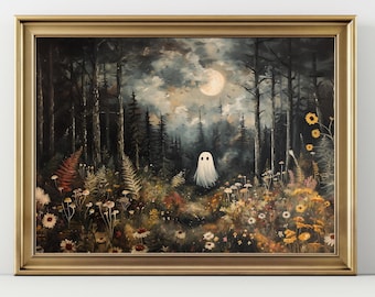 Ghost Art Print: Whimsigoth Halloween Decor - Cozy Moody Forest