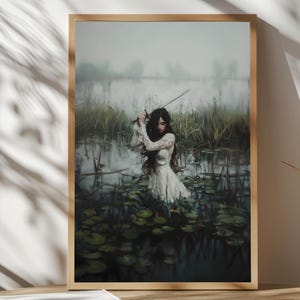 Lady Knight In The Lake Art Print, Dark Academia Wall Decor, Medieval Fantasy Wall Art, Woman Knight Poster, Renaissance Knight Gift