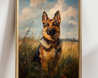 May include: A framed oil painting of a German Shepherd dog sitting in a field of tall grass. The dog has black and tan fur and is wearing a red collar. The background features a blue sky with white clouds and a golden frame.
