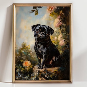 Black Pug Dog Wall Art Print – Cute Floral Pet Portrait Painting, Romantic Dog Decor, Pug Lover Gift for Home