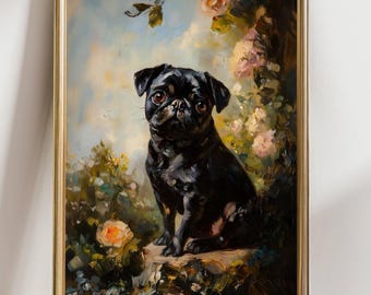 Black Pug Dog Wall Art Print – Cute Floral Pet Portrait Painting, Romantic Dog Decor, Pug Lover Gift for Home