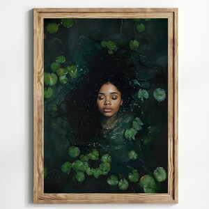 May include: A woman with long dark hair floats face down in a pond. Her eyes are closed and she is surrounded by green lily pads.