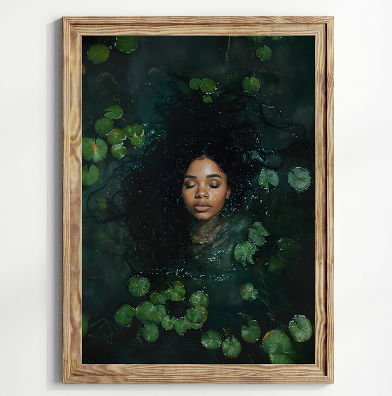 May include: A woman with long dark hair floats face down in a pond. Her eyes are closed and she is surrounded by green lily pads.
