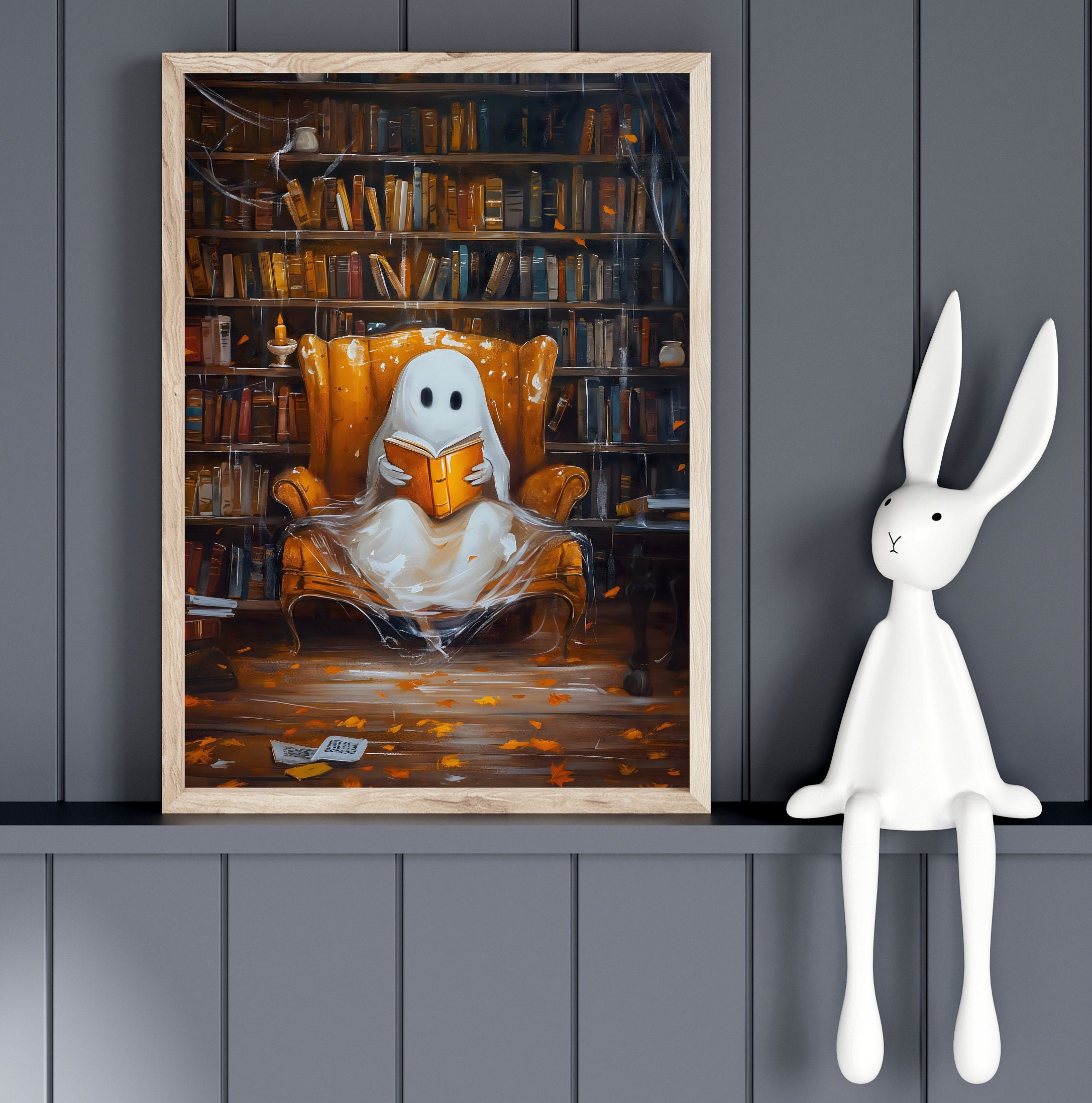 Cute Halloween Ghost Reading a Book Whimsical Halloween Ghost Wall Art ...