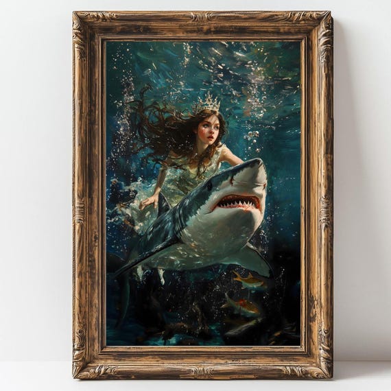 Fantasy Shark Princess Wall Art, Ocean Warrior Woman Print, Mythical Underwater Painting, Bold Sea Decor