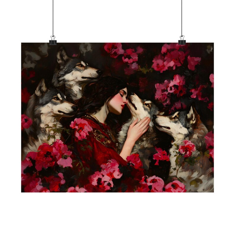 Woman and Wolves Art Print, Dark Romantic Wolf Wall Art, Fantasy Portrait Poster Bild 10