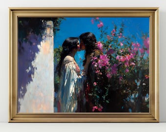 Romantic Lesbian Art Print – Intimate Garden Kiss, LGBTQ+ Wall Decor, Feminine Love Painting, Pride Couple Illustration