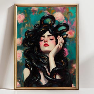 Medusa Snake Hair Art Print – Dark Feminine Wall Decor, Mythology Portrait Poster, Surreal Fantasy Woman with Serpents Illustration