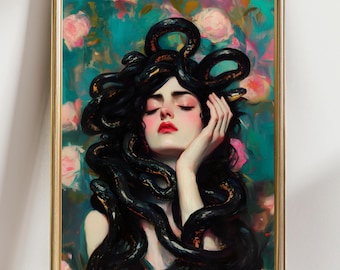 May include: A framed art print featuring a woman with long black hair intertwined with snakes. The woman has closed eyes and red lipstick. The background is a blend of teal, pink, and green floral patterns. The frame is gold.