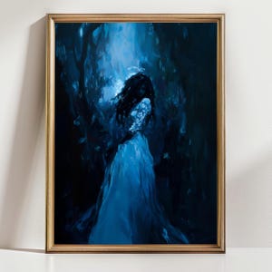 Midnight Woman Wall Art – Dark Blue Mystical Painting, Enigmatic Female Figure, Dreamlike Forest Artwork, Ethereal Fine Art Print