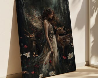 Enchanted Forest Fairy with Deer – Whimsical Woodland Girl Canvas, Ethereal Nature Art Print, Fantasy Cottagecore Wall Decor