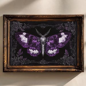 Purple Moth Print, Goth Butterflies Wall Art, Dark Academia Decor, Goblincore Whimsigoth Home Decor, Cottagecore Dark Moths  wicca Print