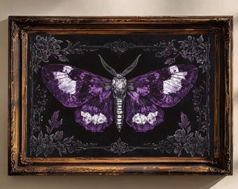 Purple Moth Print, Goth Butterflies Wall Art, Dark Academia Decor, Goblincore Whimsigoth Home Decor, Cottagecore Dark Moths  wicca Print