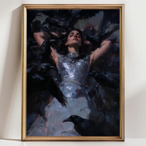Dark Fantasy Raven Woman Art Print - Gothic Crow Wall Art, Surreal Mystical Portrait Poster, Witchy Gothic Home Decor