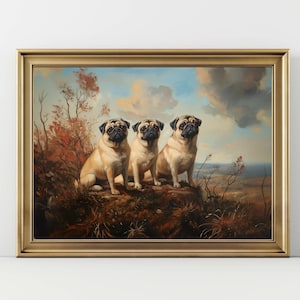 Three Pugs Wall Art Print, Majestic Dog Landscape Painting, Pug Trio Portrait for Dog Lovers, Cute Animal Decor Gift