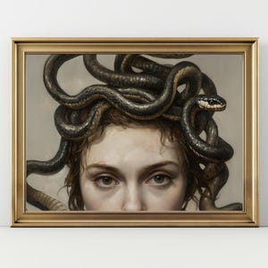 Medusa Eyes Close-Up Art Print Mythical Serpent Hair Wall Decor, Dark Feminine Power Portrait, Greek Goddess Fantasy Artwork