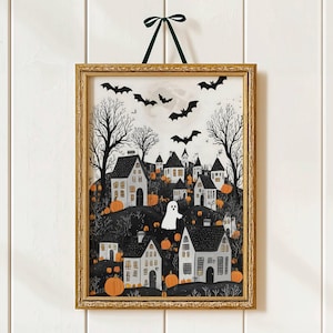 Halloween Town Folk Art Print Halloween Ghost Wall Art, Halloween Pumpkin Vintage Art Halloween Decor For Home Moody Halloween Poster