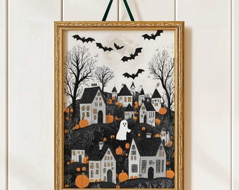 Halloween Town Folk Art Print Halloween Ghost Wall Art, Halloween Pumpkin Vintage Art Halloween Decor For Home Moody Halloween Poster