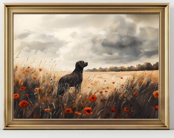 Chocolate labrador Dog Print Moody Dark Wildflower  Painting Wall Art Print Floral choclate lab decor owner Cottagecore Landscape Farmhouse