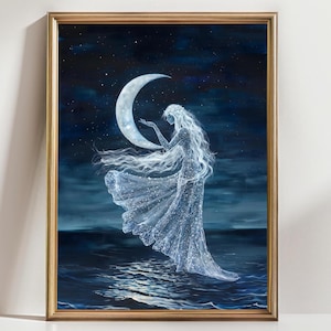 Selene, Celestial Moon Goddess Art Print | Ethereal Night Ocean Wall Art | Fantasy Woman with Crescent Moon | Mystical Lunar Decor | Dreamy