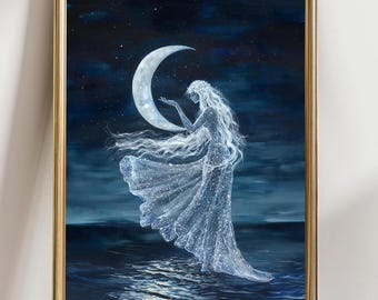 Selene, Celestial Moon Goddess Art Print | Ethereal Night Ocean Wall Art | Fantasy Woman with Crescent Moon | Mystical Lunar Decor | Dreamy