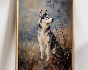 Siberian Husky Wall Art Print, Husky Dog Portrait Painting, Husky Lover Gift, Nordic Dog Artwork, Winter Dog Wall Decor