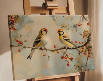 Goldfinch Bird Art Print, Colorful Bird Canvas Wall Decor, Nature Painting, Cottagecore Bird Lover Gift, Botanical Wildlife Poster