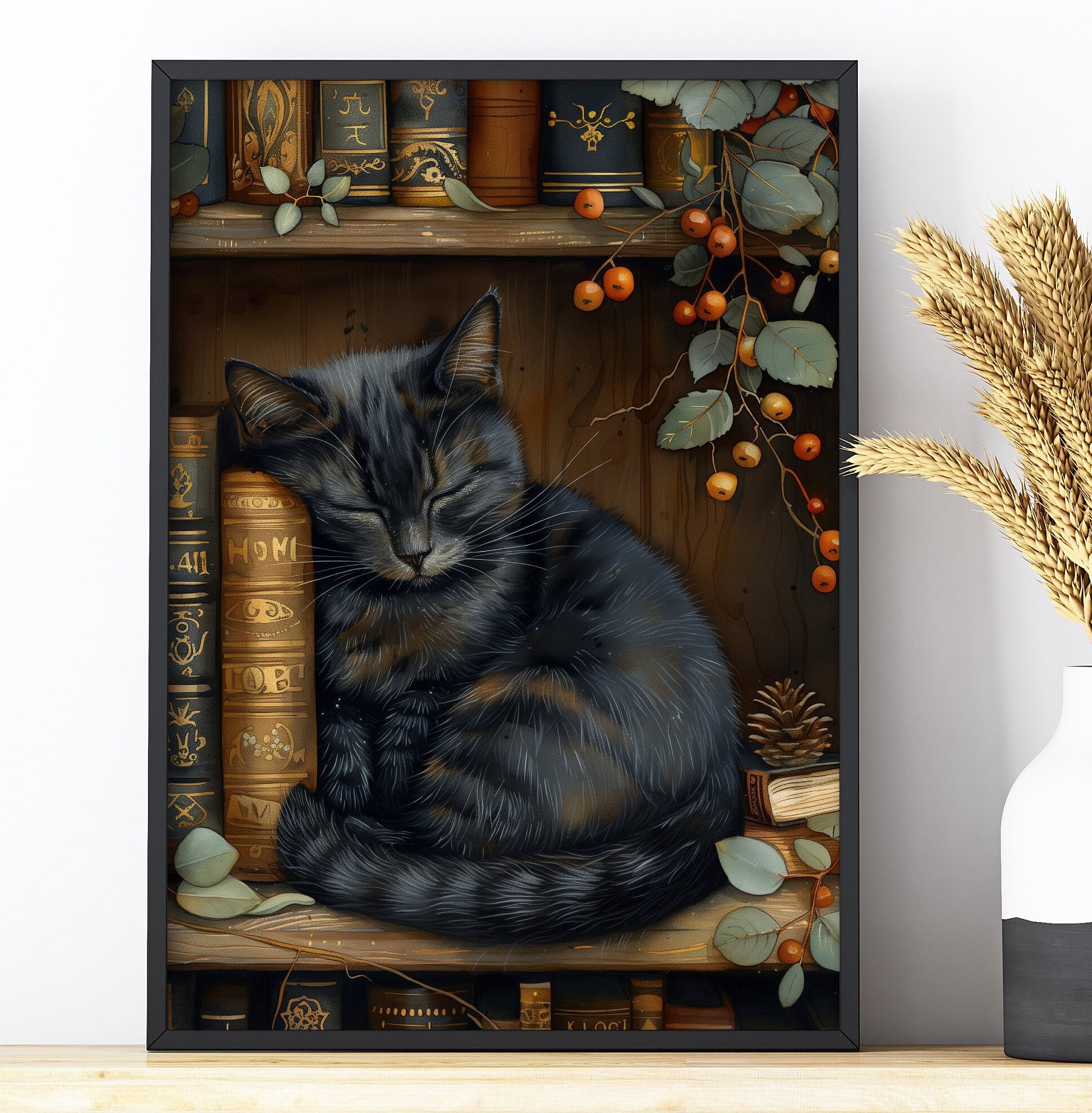 Black Cat Dark Academia Decor Moody Bookish Wall Art Stack Books Print ...