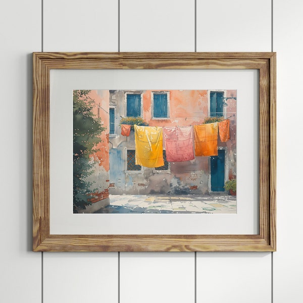 Laundry on a line in Venice Matte Horizontal Posters Laundry Room Art Vintage City Landscape  Painting Print  wall decor Vintage art print