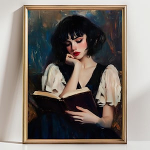 Victorian Woman Reading Bookish Wall Art Print , Dark Academia Decor, Librariancore Wall Art, Moody Reading Nook Painting, Book Lover Gift