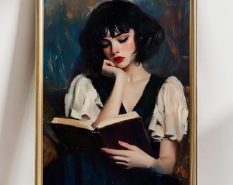 May include: A painting of a woman with dark hair and red lips reading a book. She is wearing a white blouse with a black dress underneath. The background is a dark blue and brown.