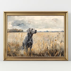 May include: A framed watercolor print of a gray dog in a field of tall grass and wildflowers. The dog is looking to the right, with a cloudy sky in the background. The frame is gold.