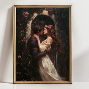 Romantic Lovers Wall Art Print – Romeo and Juliet Painting, Couple Kiss Poster, Gothic Fairytale Decor, Whimsical Renaissance Style
