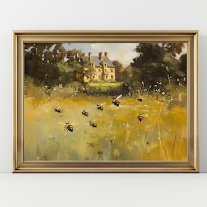 Bumblebees in Meadow Art Print Cottagecore Landscape Wall Decor, Country House & Wildflowers, Whimsical Nature Insect Artwork