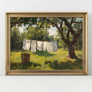Rustic Laundry Day Wall Art | Vintage Countryside Clothesline Print | Farmhouse Summer Decor | Peaceful Country Life Artwork