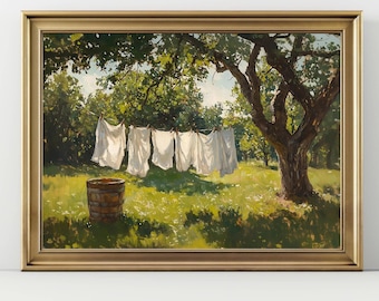 Rustic Laundry Day Wall Art | Vintage Countryside Clothesline Print | Farmhouse Summer Decor | Peaceful Country Life Artwork