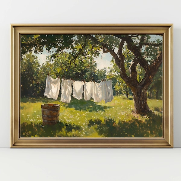 Rustic Laundry Day Wall Art | Vintage Countryside Clothesline Print | Farmhouse Summer Decor | Peaceful Country Life Artwork